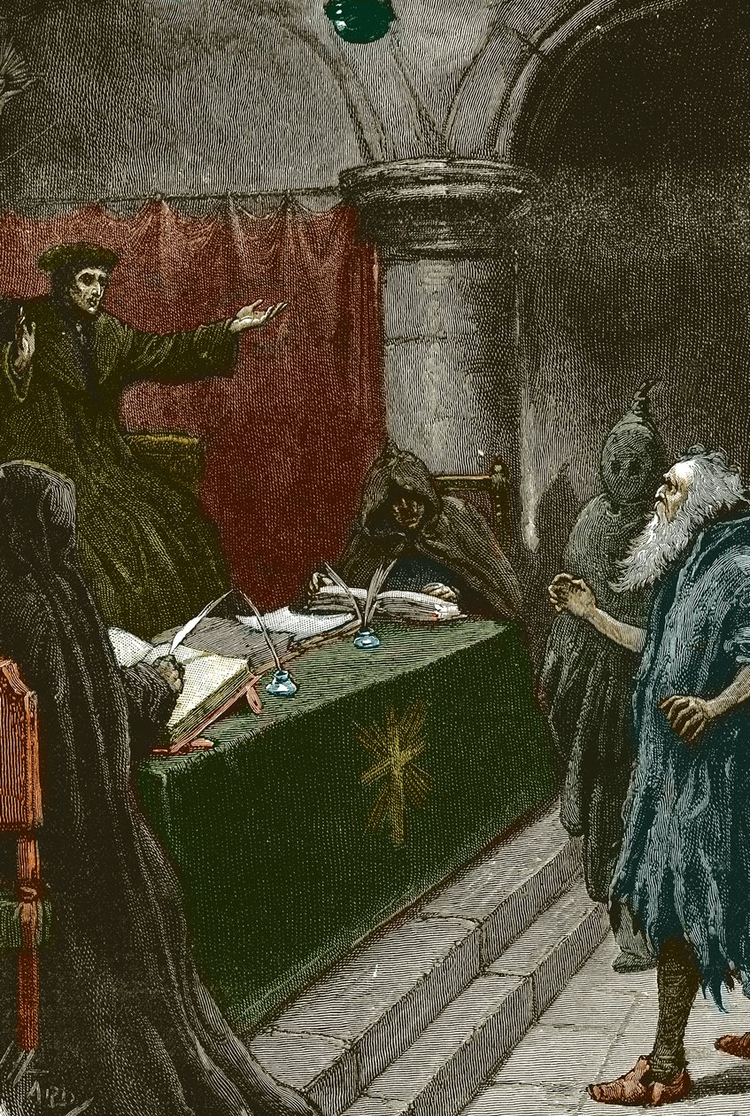 Inquisição e Expulsão dos Judeus de Espanha: um judeu espanhol perante o Grande Inquisidor por volta de 1492 na altura da publicação do Decreto da Alhambra - Ilustração de Paul Hardy 1891 Judeu espanhol perante o Grande Inquisidor de Paul Hardy