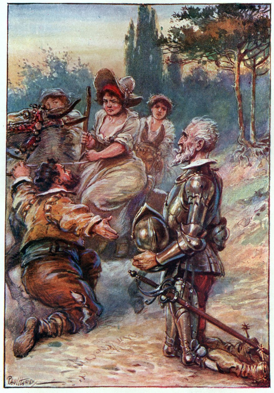 Rainha e Princesa e Duquesa da Beleza, ilustração de "As Aventuras de Dom Quixote", publicado por G. Bell und Sons, Ltd., 1911 de Paul Hardy