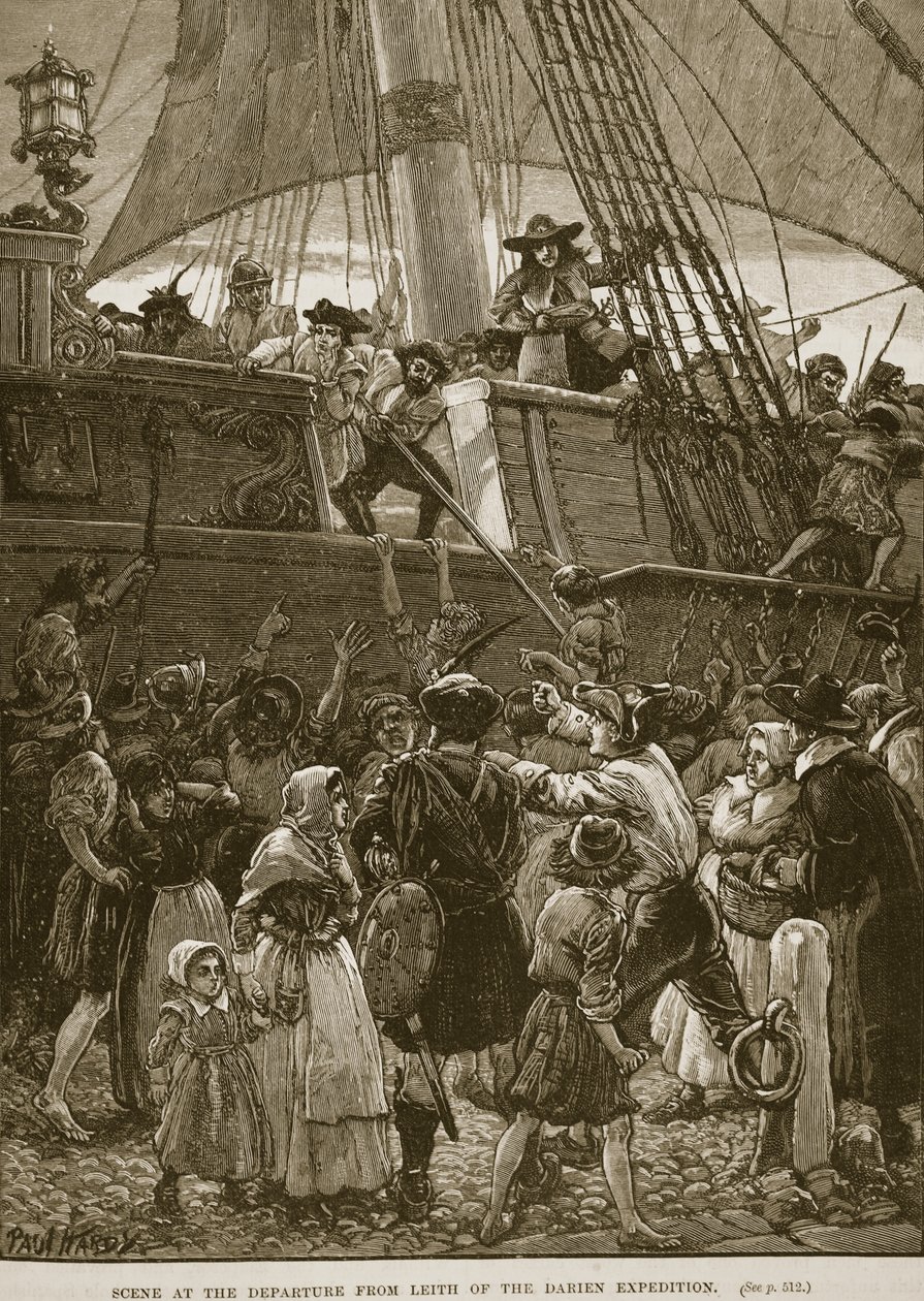 Cena na partida de Leith da Expedição Darien, ilustração de &39;História Ilustrada de Cassell na Inglaterra&39; (foto sépia) de Paul Hardy