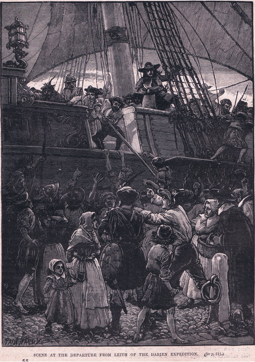 Cena da partida de Leith da expedição de Darien AD 1698 (litho) de Paul Hardy