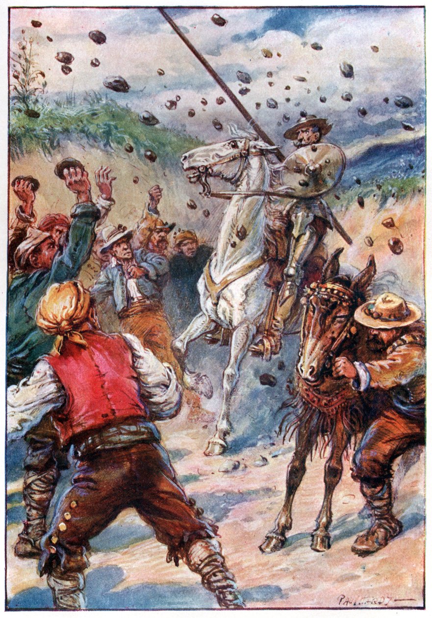 Eles pelotaram Dom Quixote com uma chuva de pedras, ilustração de "As Aventuras de Dom Quixote", publicado por G. Bell & Sons, Ltd. de Paul Hardy