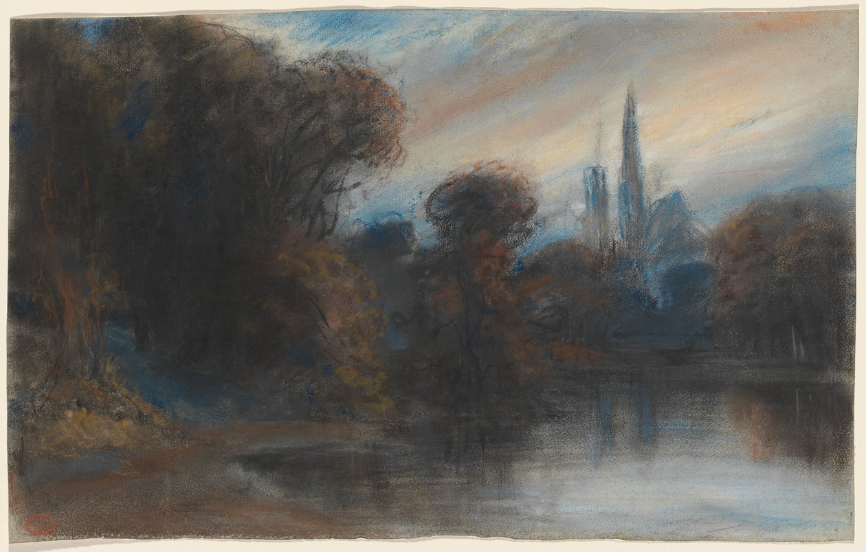Uma abadia por um lago arborizado no crepúsculo de Paul Huet