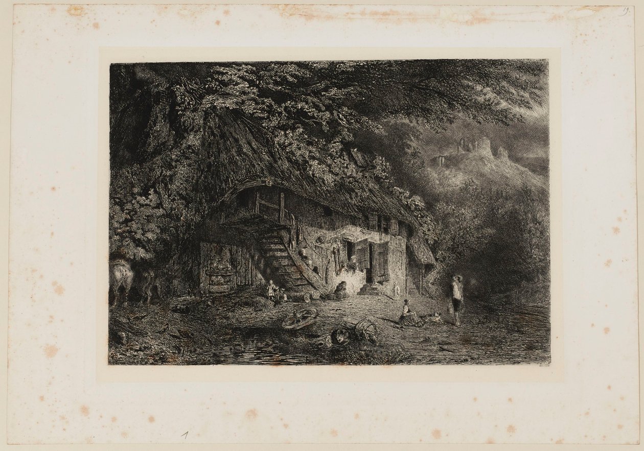 Casa de telhado de colmo normanda com as ruínas do castelo de Arcques. Beraldi 79 IFF 31 de Paul Huet