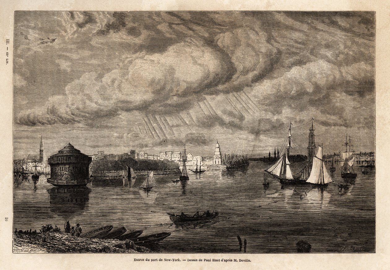 A entrada do porto de Nova Iorque, desenho de Paul Huet (1803-1869), para ilustrar as viagens à América do Norte em 1854-1855, de L. Deville. Gravura em "Le tour du monde", 1861. A coleção de Selva. de Paul Huet
