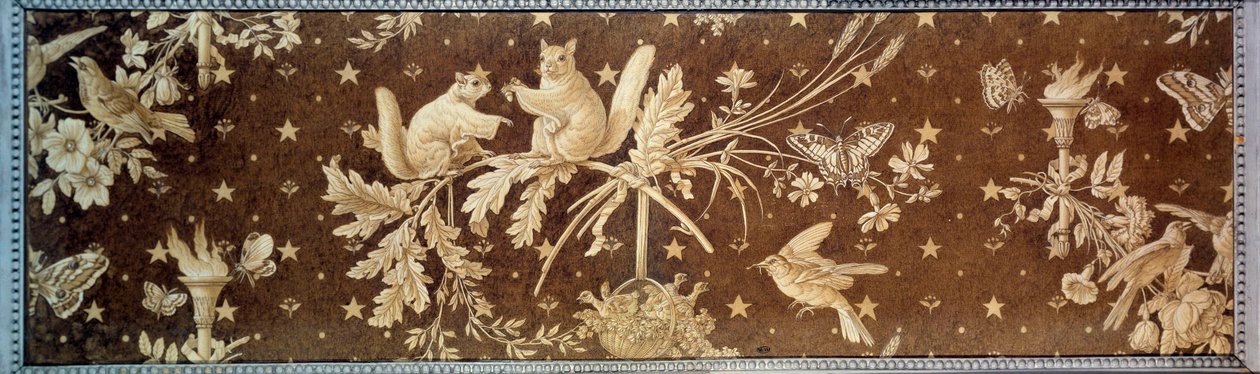 Os esquilos Pintura de Paul Huetv (1803-1869) sobre uma caixa de lona de Jouy Paris do século XIX, artes decorativas de Paul Huet