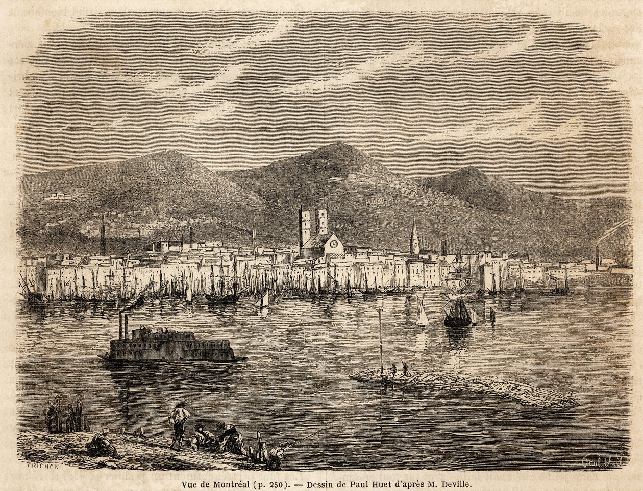Vista de Montreal, desenho de Paul Huet (1803-1869), para ilustrar as viagens à América do Norte em 1854-1855, de L. Deville. Gravura em "Le tour du monde", 1861. A coleção de Selva. de Paul Huet