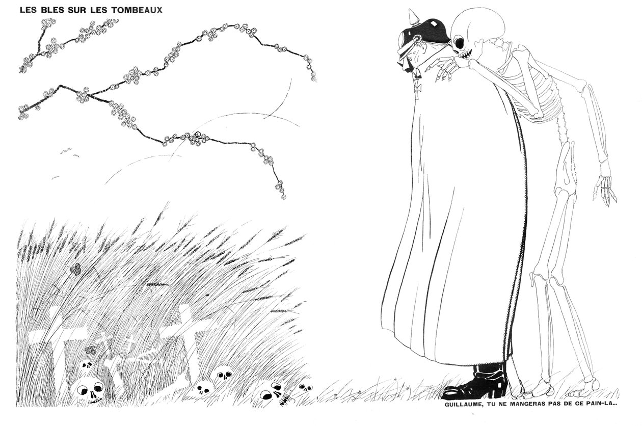Morte dizendo ao Kaiser Wilhelm que ele nunca vai comer pão feito de trigo cultivado nos cadáveres e tumbas de soldados franceses, 13 de abril de 1916 de Paul Iribe