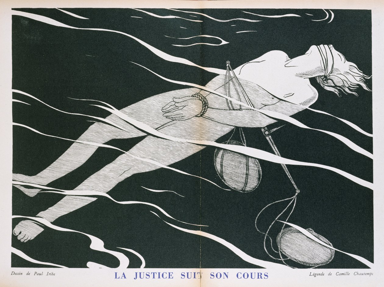 &39;Justice Follows its Course&39;, caricatura do sistema de Justiça, de &39;Parlons Francais&39; publicado por Floury. 1934 de Paul Iribe