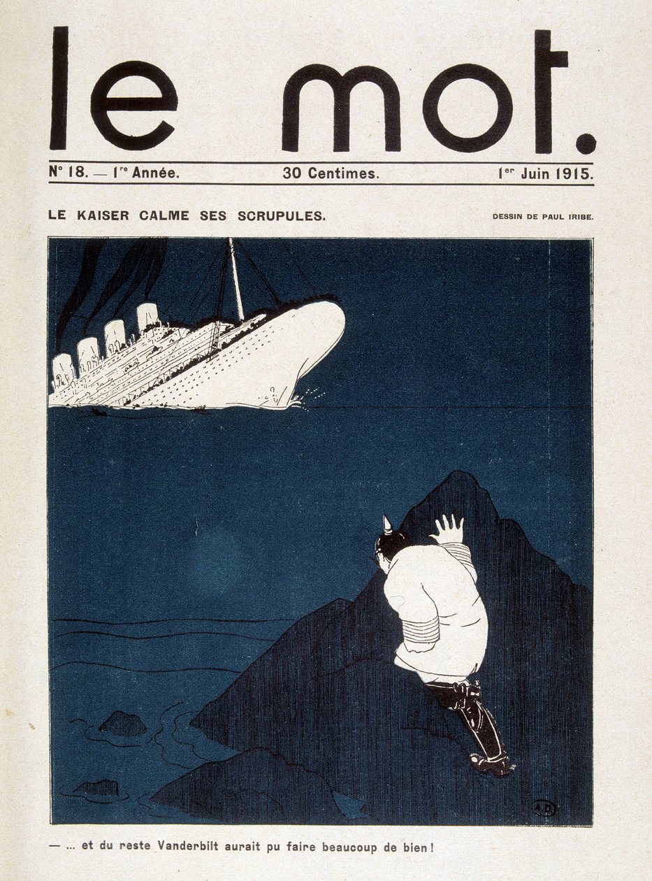 Le kaiser acalma os seus escrúpulos (torpedo da Lusitânia) - em "Le Mot "de 01/06/1915. Direitos Reservados de Paul Iribe