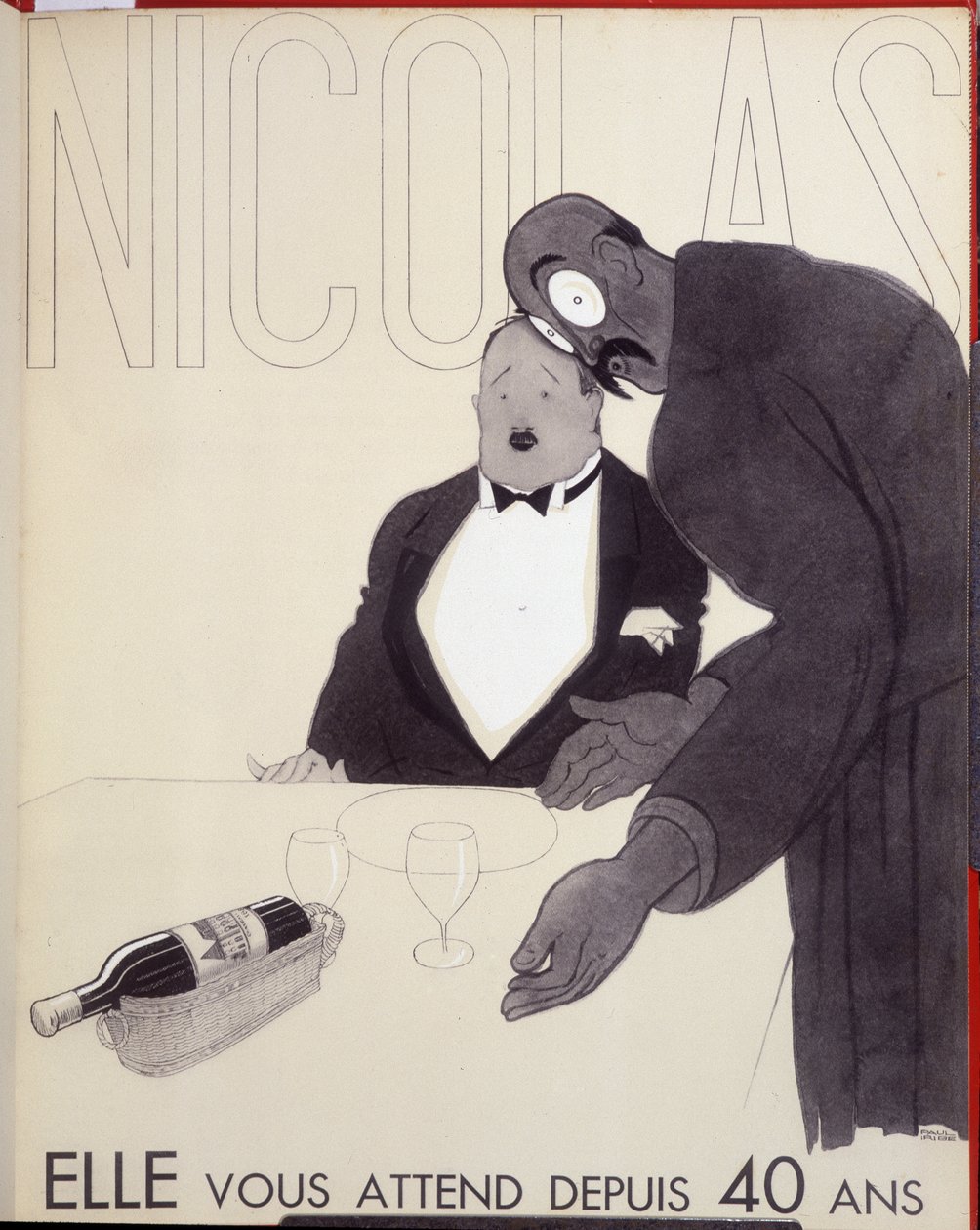 Ela espera por si há 40 anos O empregado de um restaurante dirige-se a um cliente desenhando uma garrafa de vinho. - anúncio para Nicolas, desenho de Paul Iribe (1883-1935) de Paul Iribe