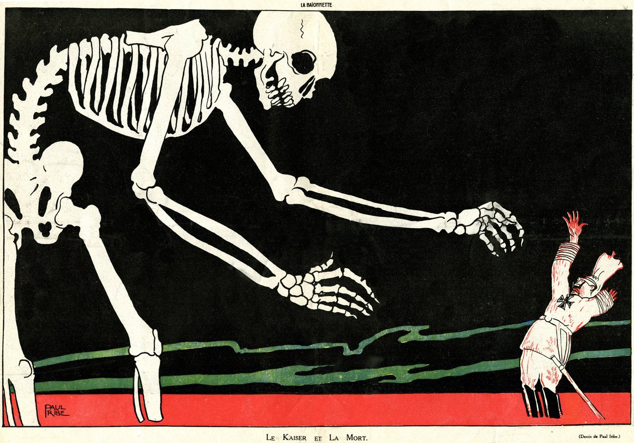 O Kaiser e a morte. Primeira Guerra Mundial 1914-1918: Guilherme II (1859-1941), num mar de sangue ameaçado por um esqueleto. Desenho animado destacando a mecância e a estupidez alemã, apoiando assim a moral dos franceses durante a guerra. Desenho do s de Paul Iribe
