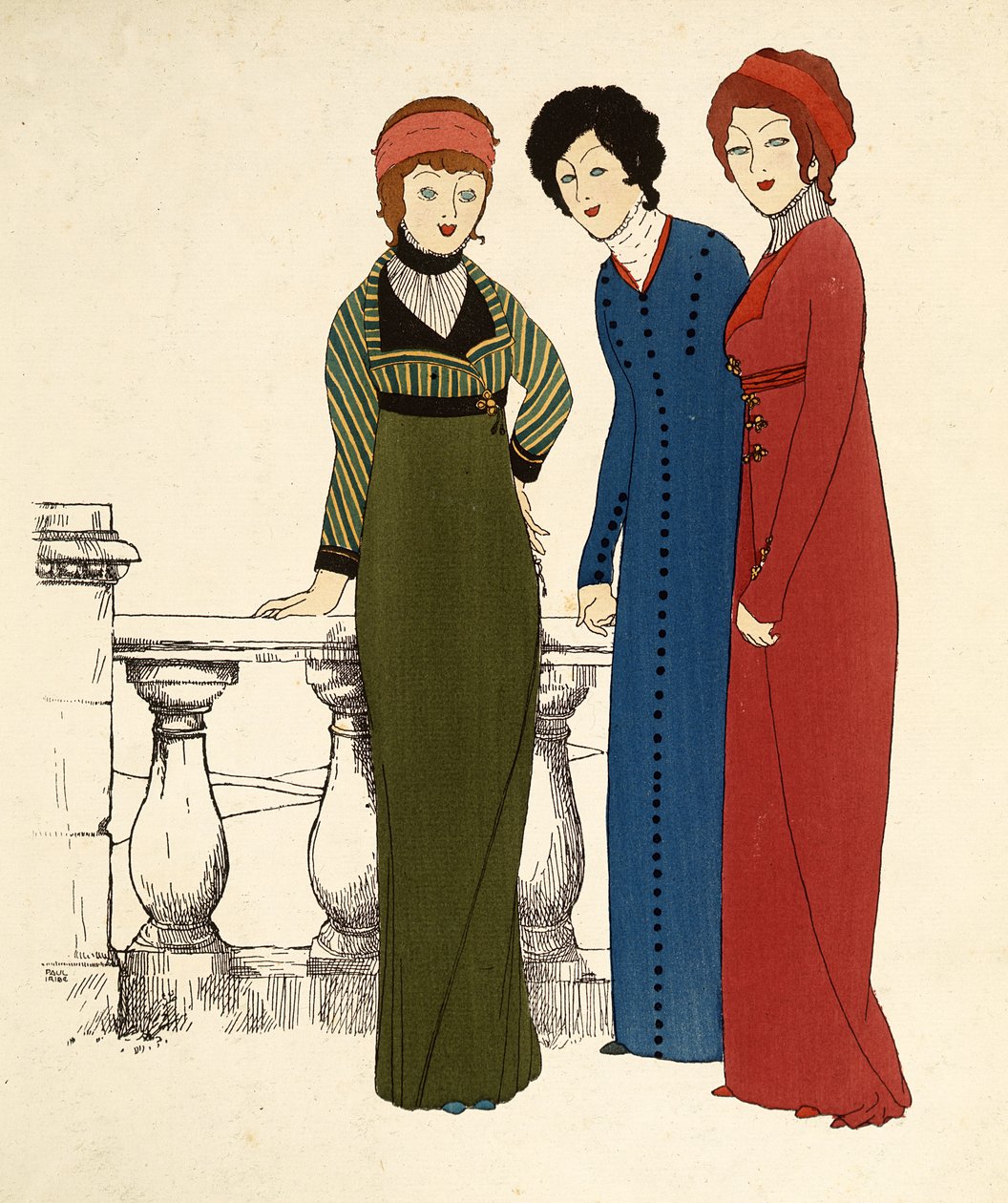Três damas em vestidos (litografia a cores) de Paul Iribe