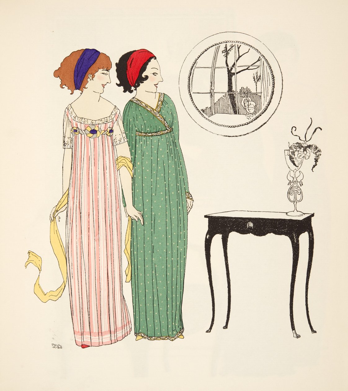Dois vestidos de linha império do pub The Dresses of Paul Poiret. 1908 (estêncil) de Paul Iribe