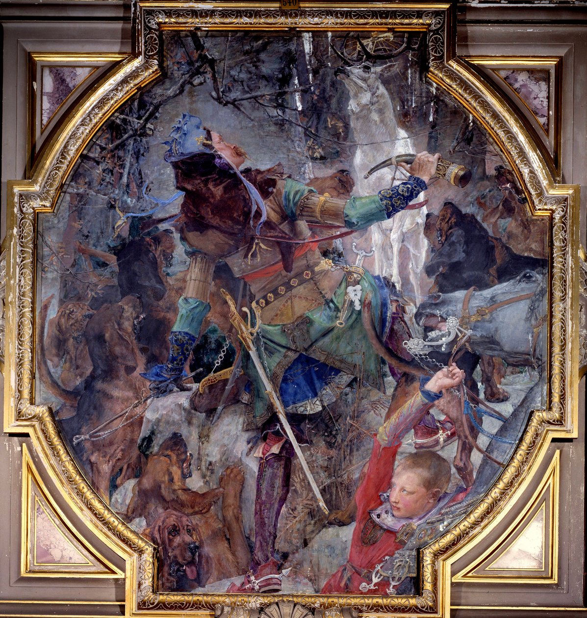 A visão de São Hubert, que foi caçar numa floresta, miraculosamente vê Deus aparecer sob a forma de um veado. Marouflee de lona de Paul Jacques Aime Baudry (1828-1886) 1882 Sol. 2,3x2,06 m Chantilly, Musee Conde de Paul Jacques Aimé Baudry
