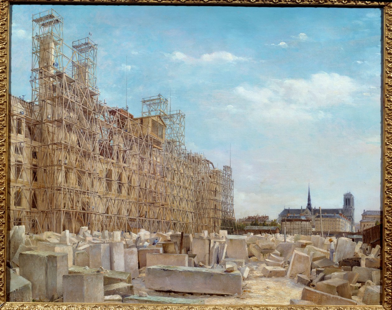 A Câmara Municipal de Paris em reconstrução O edifício, incendiado em 1871 pelos Comunas, está a ser reconstruído e coberto com andaimes e blocos de pedra. Pintura de Victor Dargaud (ca. 1850-a. 1913) 1880 Sol. 0,65 x 0,81 m Paris, musee Carnavalet - Prefe de Paul Joseph Victor Dargaud