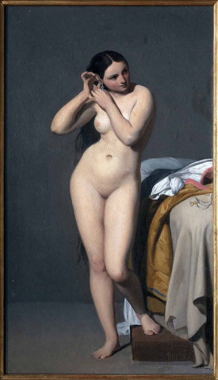 A nua tem a consola. Pintura de Paul Jourdy (1805-1856), óleo sobre tela. Arte Francesa de Paul Jourdy