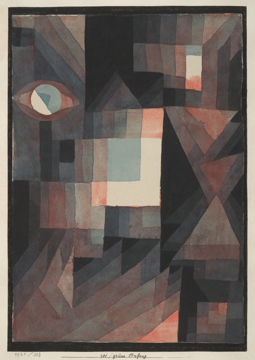 Abstrato. Gradação vermelha/verde com alguma cinibar em formato vertical de Paul Klee