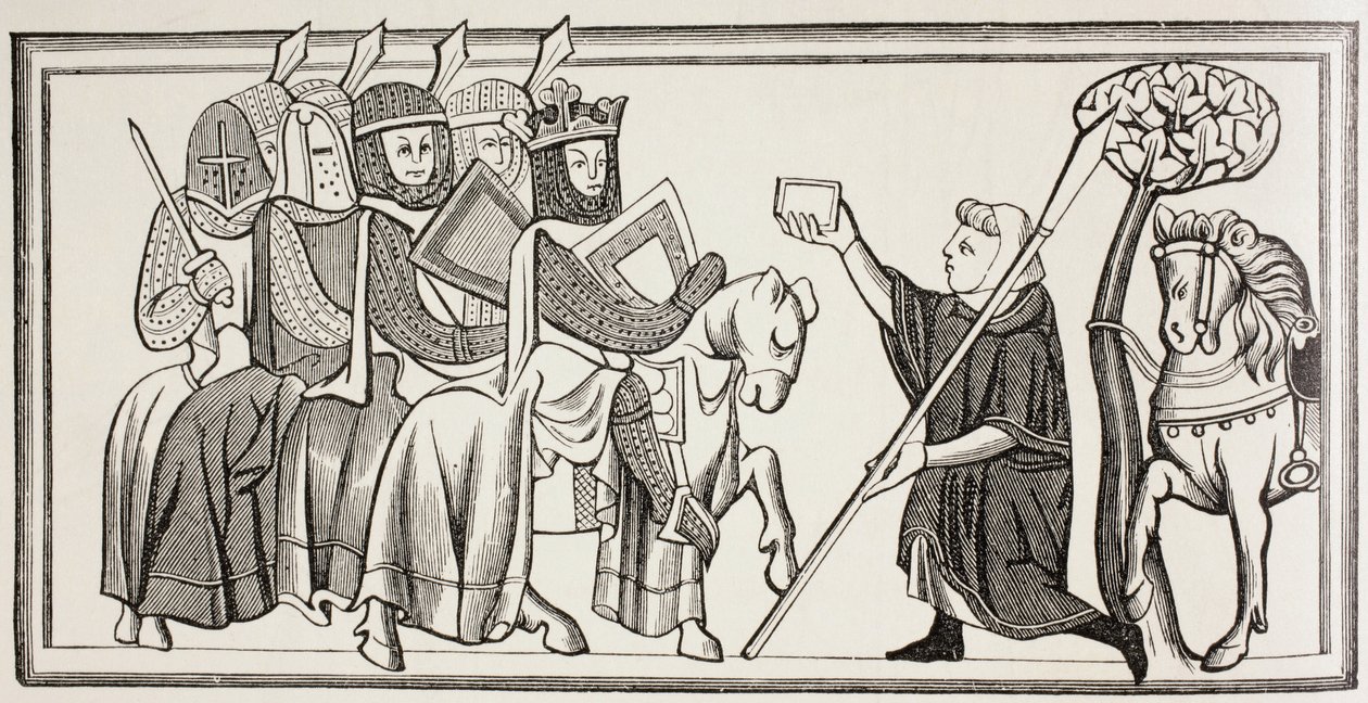 Um mensageiro chega com uma mensagem para um rei que está à frente do seu exército. Segundo uma ilustração de uma missiva do século XIII. de Paul Lacroix