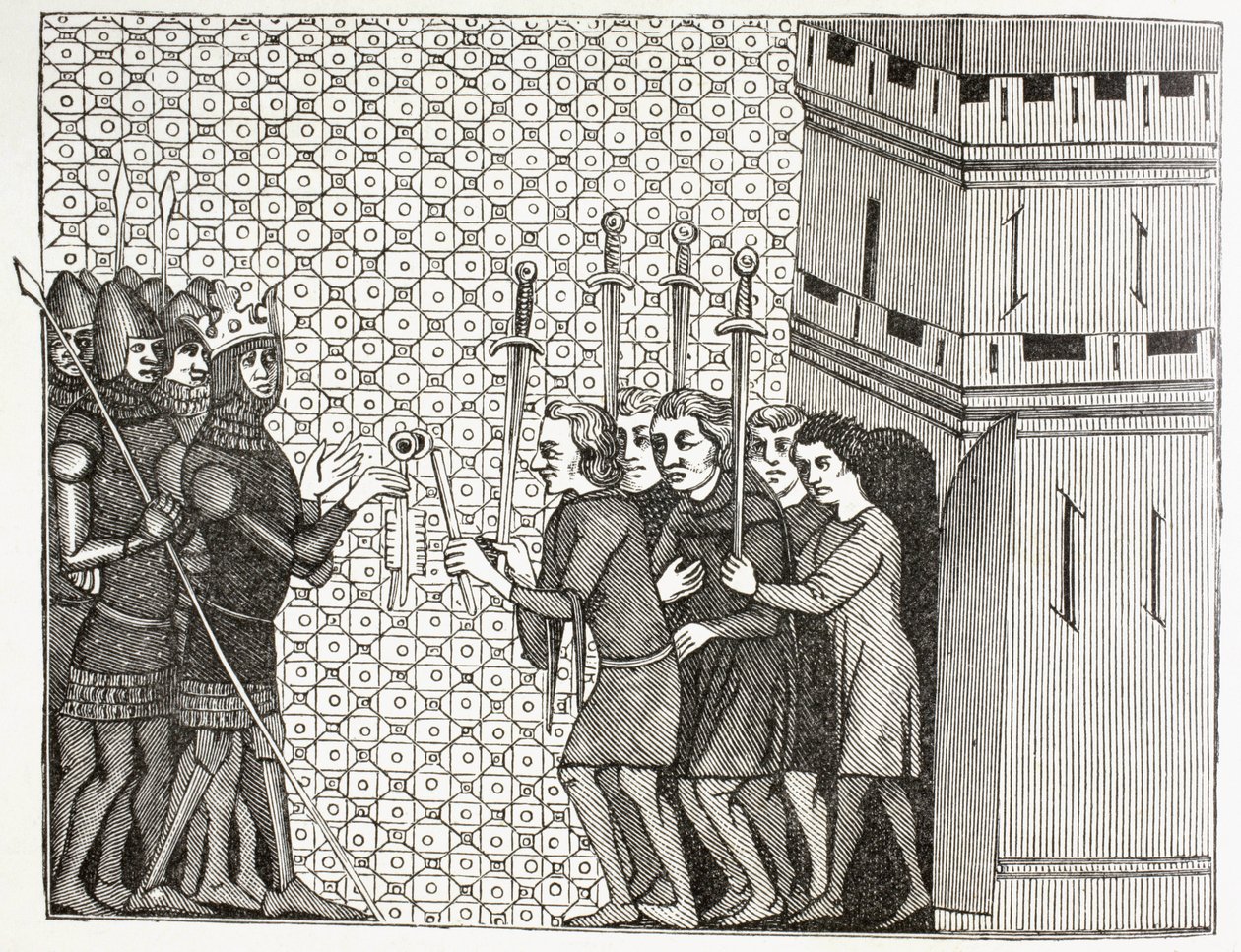 Após a captura de uma cidade no século XIV, a guarnição rende-se e lança-se à mercê dos seus captores. Segundo uma miniatura do século XIV em Histoire du Monde. de Paul Lacroix