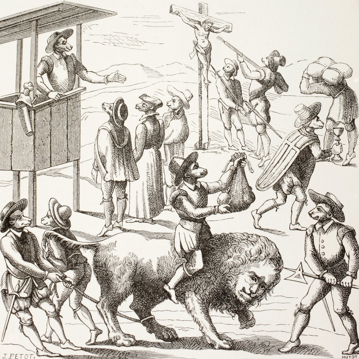Quadro alegórico dos excessos que se diz terem sido cometidos pelos huguenotes. O leão manso representa uma França reduzida pelos hereges e suas práticas. de Paul Lacroix