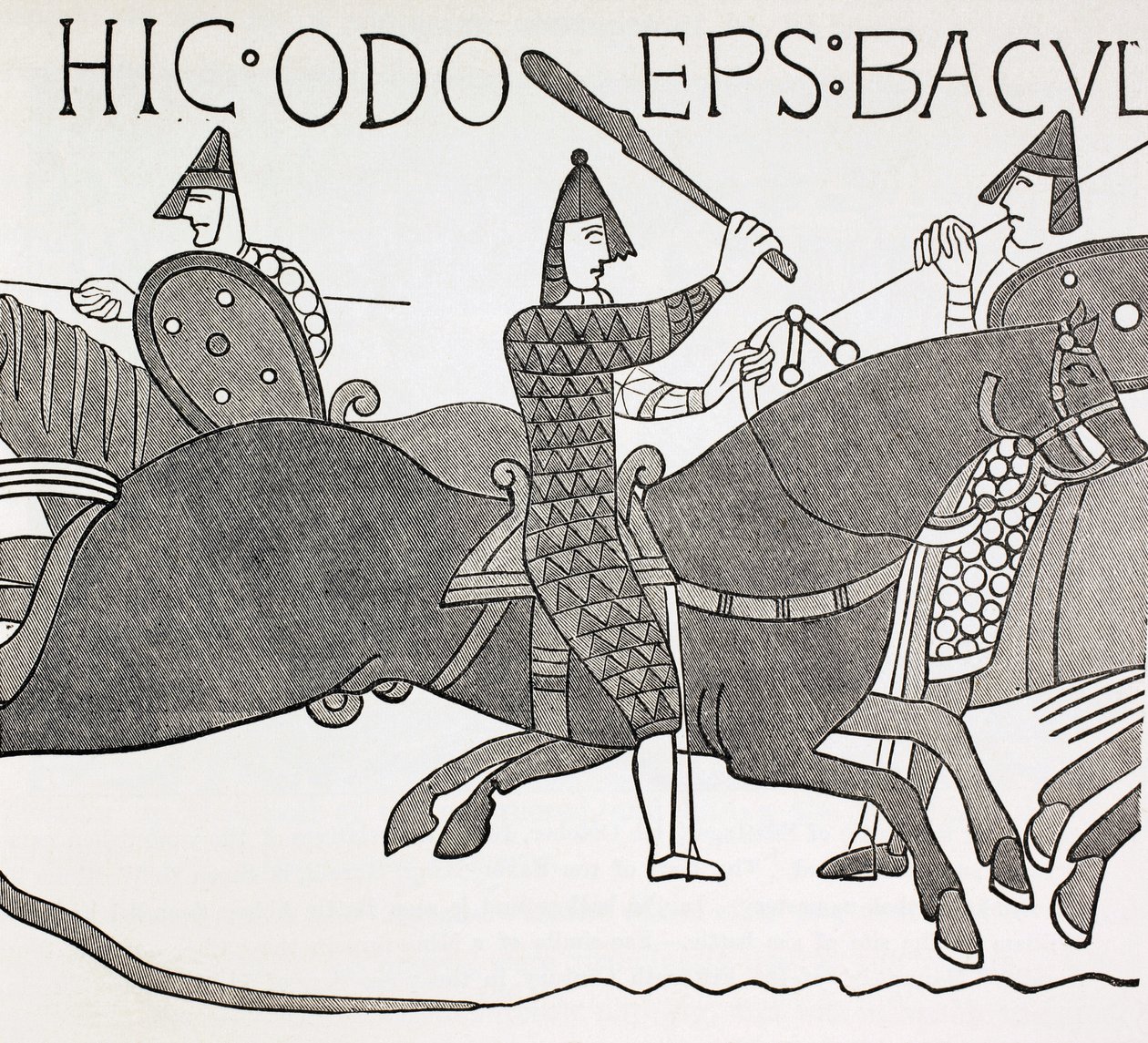 O bispo Edues segurando o seu bastão e encorajando os soldados do duque da Normandia na batalha de Hastings. Segundo um pormenor da Tapeçaria de Bayeux. de Paul Lacroix