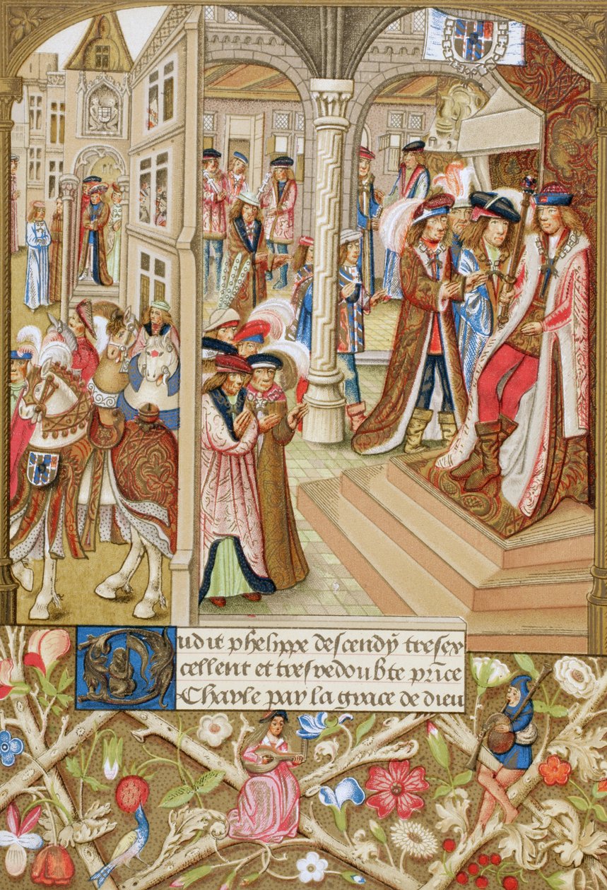 Carlos, o Ousado, duque de Borgonha, 1433-1477, sentado no seu trono e assistido pelos seus barões e conselheiros. Segundo um manuscrito do século XV, Crónicas Abreviadas da Borgonha. de Paul Lacroix