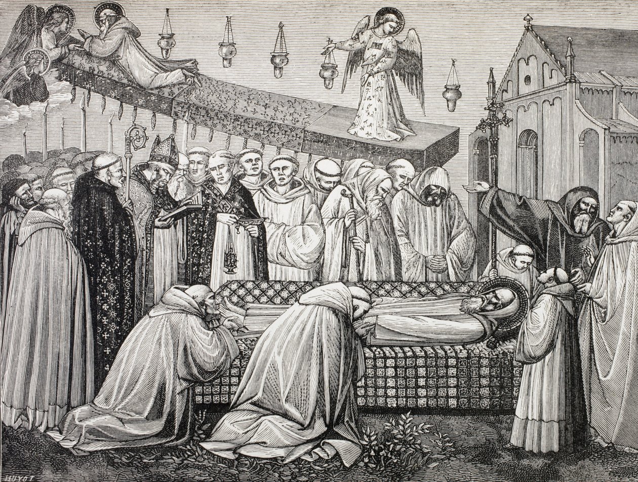 Morte de São Bento de Núrsia ou São Benedito de Núrsia, 480-547, na Abadia de Monte Cassino. de Paul Lacroix
