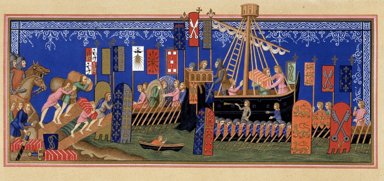 Embarque dos Cavaleiros do Espírito Santo para a Cruzada - baseado em miniatura do século XIV, em "Military and religious life in the Middle Ages and in the Renaissance era" por Paul Lacroix, Paris de Paul Lacroix