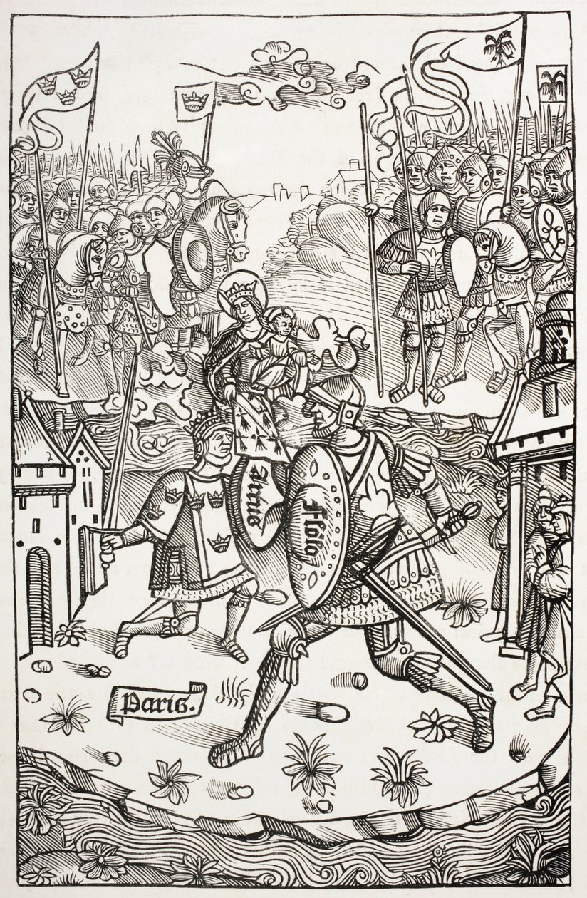 Rei Artus, ou Artur, protegido pela Virgem, lutando contra um gigante. Segundo uma xilogravura em Chroniques De Bretagne, de Alain Bouchard, publicada em 1514. de Paul Lacroix
