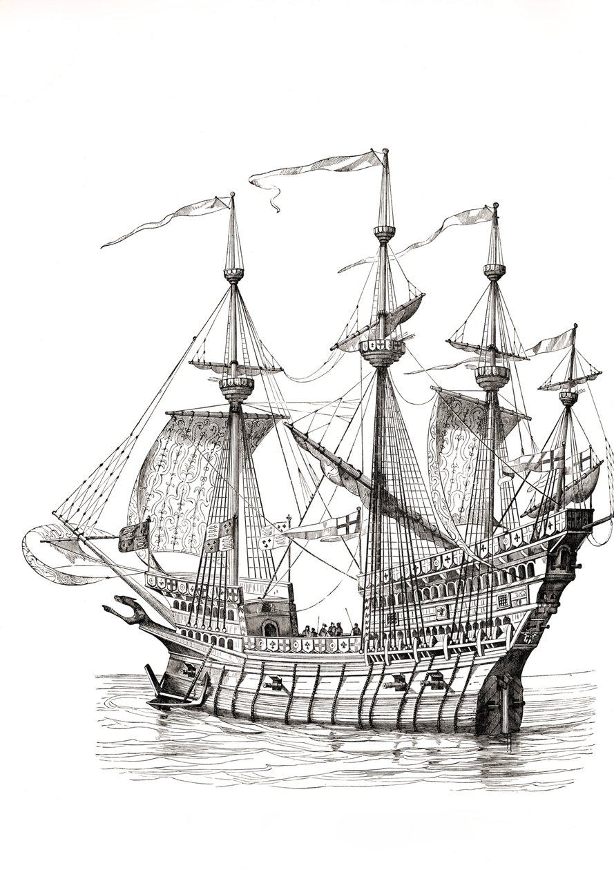 Homem de guerra que transportou o rei Henrique Viii de Inglaterra para França em 1520 para o seu encontro com o rei Francisco I no campo do Pano de Ouro. Segundo um desenho de Holbein. de Paul Lacroix