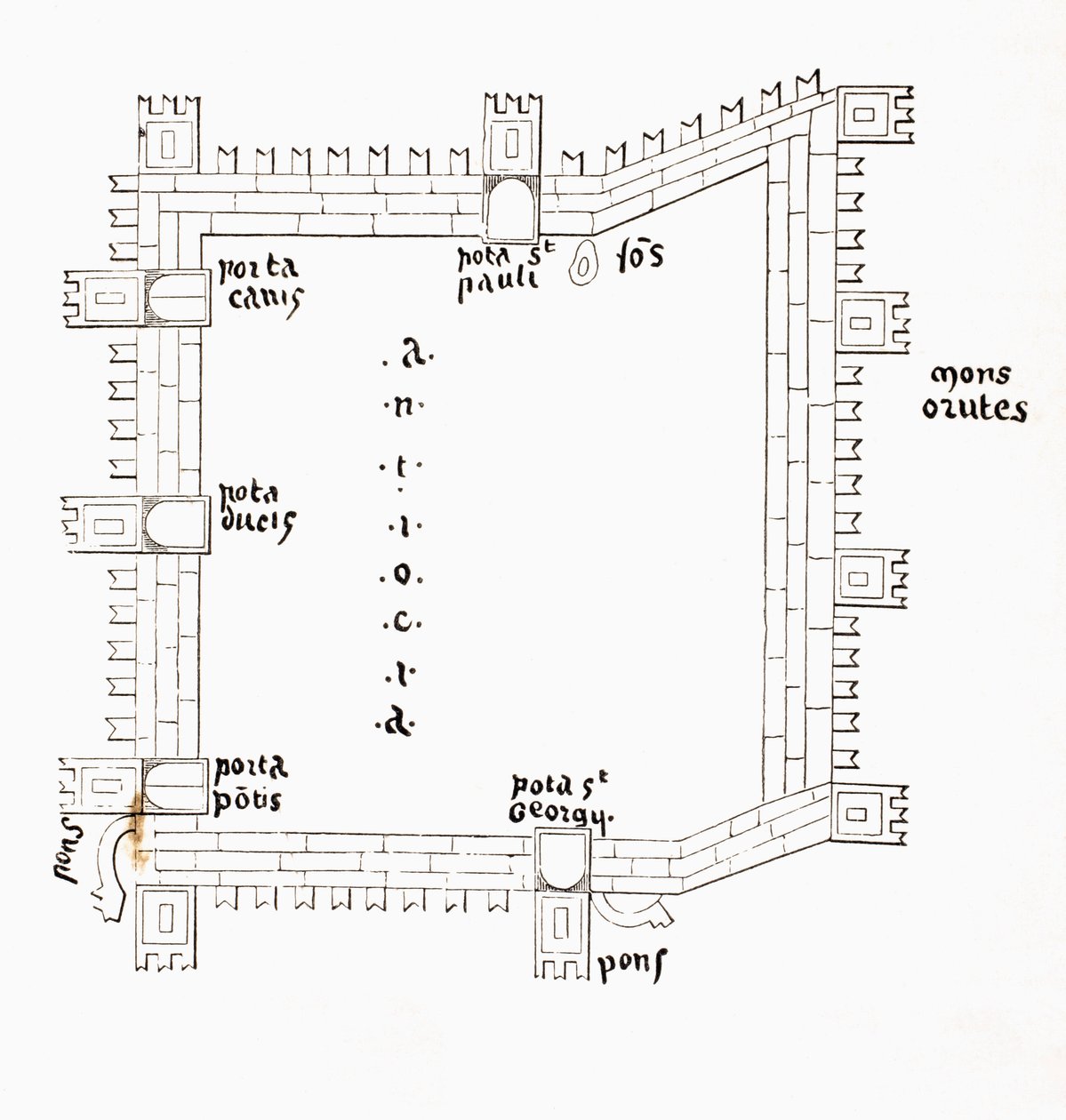 Plano de Antioquia do século XIII mostrando os seus cinco portões. Segundo um manuscrito do século XIII. de Paul Lacroix