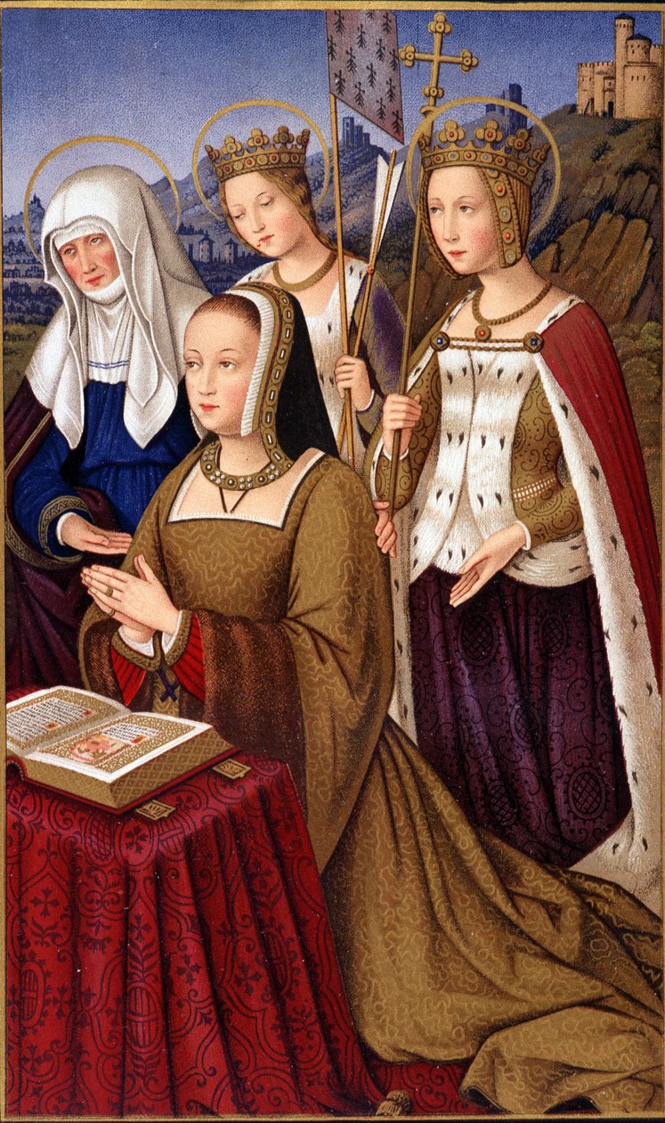 Retrato de Ana da Bretanha (1477-1514), rainha da França, em oração com sua santa padroeira Santa Ana, Santa Helena e Santa Ursule - em "Vida militar e religiosa na Idade Média e no período renascentista" por Paul Lacroix, Paris de Paul Lacroix