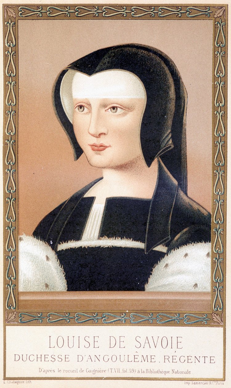 Retrato de Louise de Savoie (1476-1531), Duquesa de Angouleme e Regente de França. Cromolitografia de "Luís XII e Ana de Bretagne" de Paul Lacroix, ed. Georges Hurtrel de Paul Lacroix