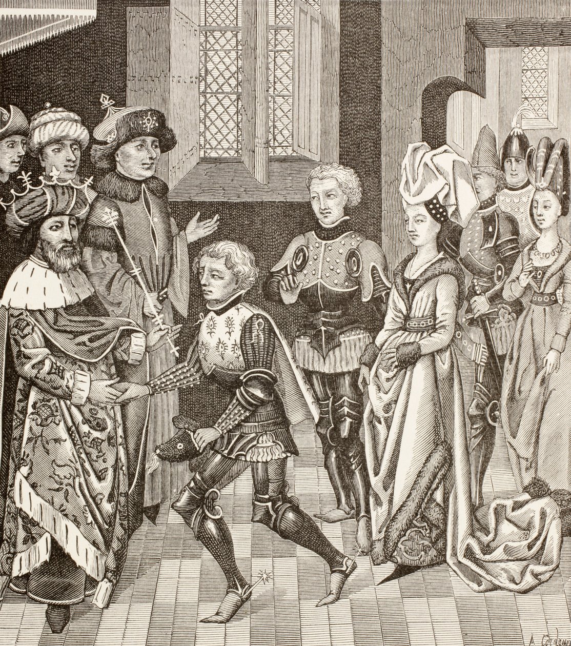 Acolhimento de Gautier-Sans-Avoir pelo rei da Hungria, que o autoriza a passar pelo seu território com os cruzados durante a Primeira Cruzada. de Paul Lacroix