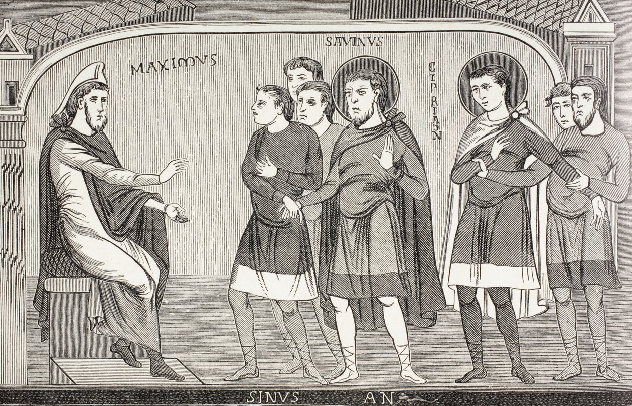 Os santos Savin e Cipriano confessando ao procônsul Galerius Maximus que são cristãos. Segundo um afresco do século XI na Igreja de São Savin, Vienne, França. de Paul Lacroix