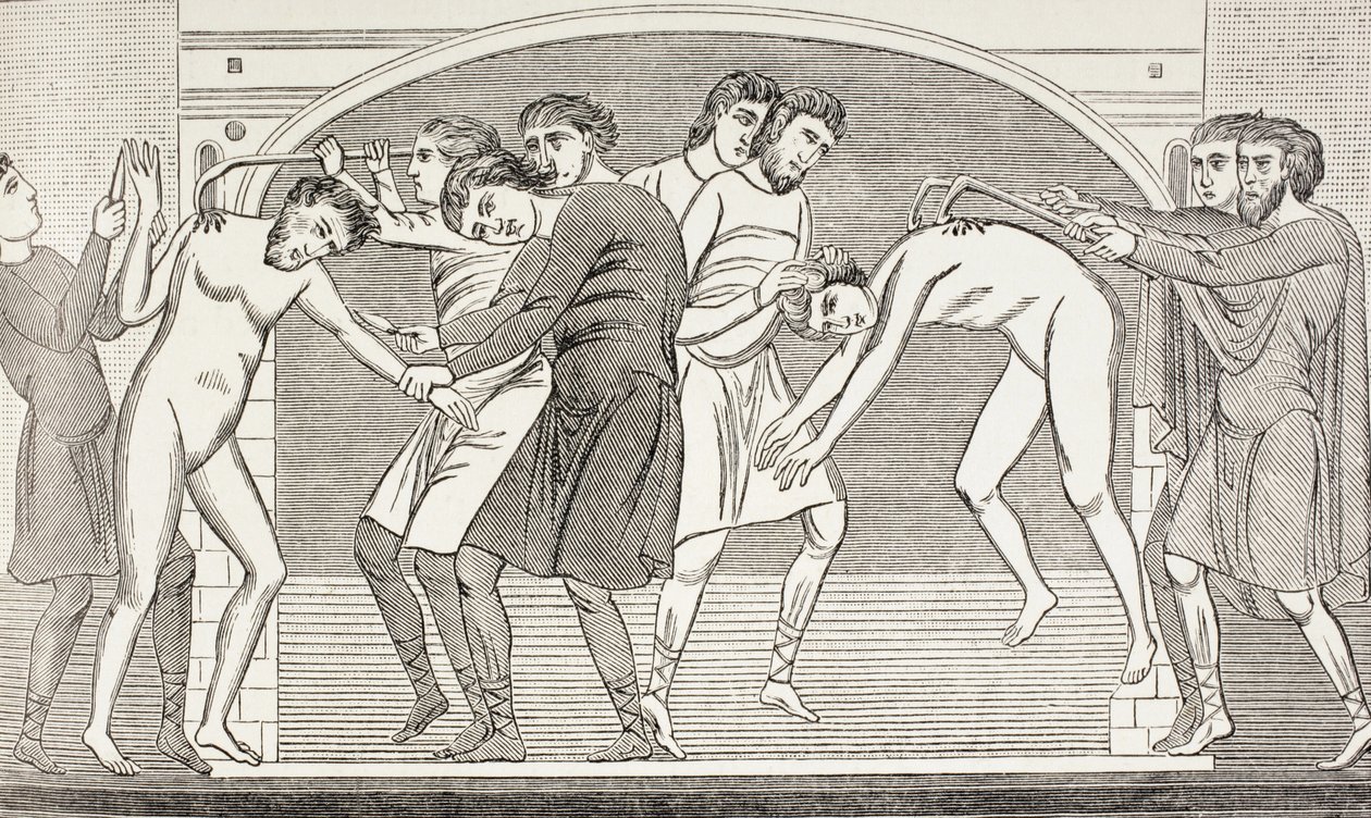 Os santos Savin e Cipriano tendo sua carne arrancada de seus corpos por ganchos de ferro. Segundo um afresco do século XI na Igreja de São Savin, Vienne, França. de Paul Lacroix