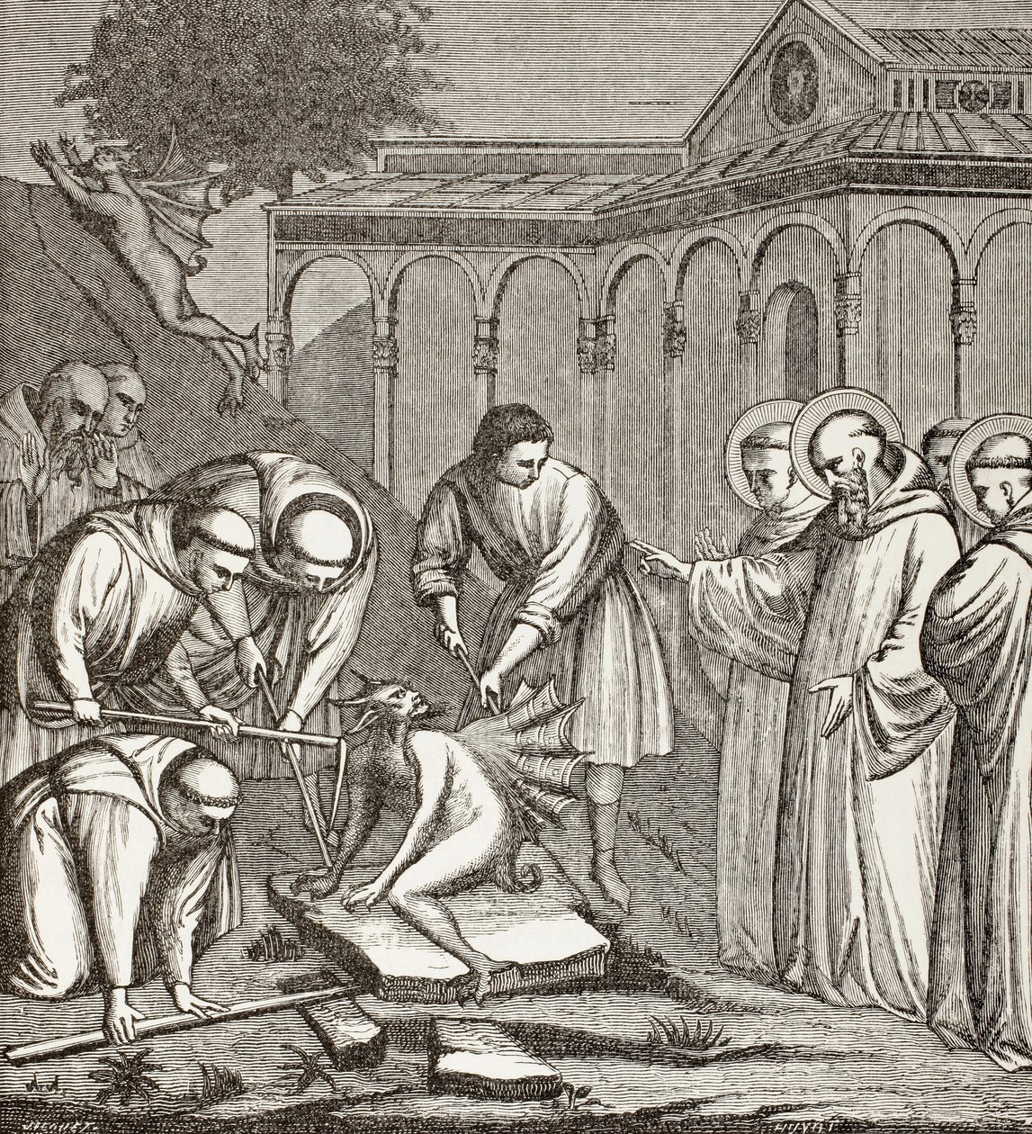 São Bento e o Diabo. Quando Bento estava a construir uma capela, o Diabo sentou-se numa pedra e ninguém o conseguia mover até que São Bento abençoou a pedra. Então o Diabo levantou voo. de Paul Lacroix
