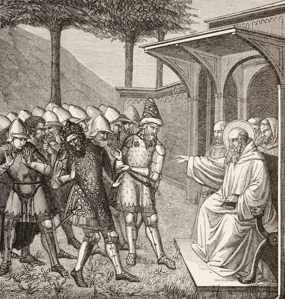 São Bento de Nursia censura Baduila Aka Totila, rei dos Ostrogodos, por o ter enganado e prediz a sua morte. de Paul Lacroix
