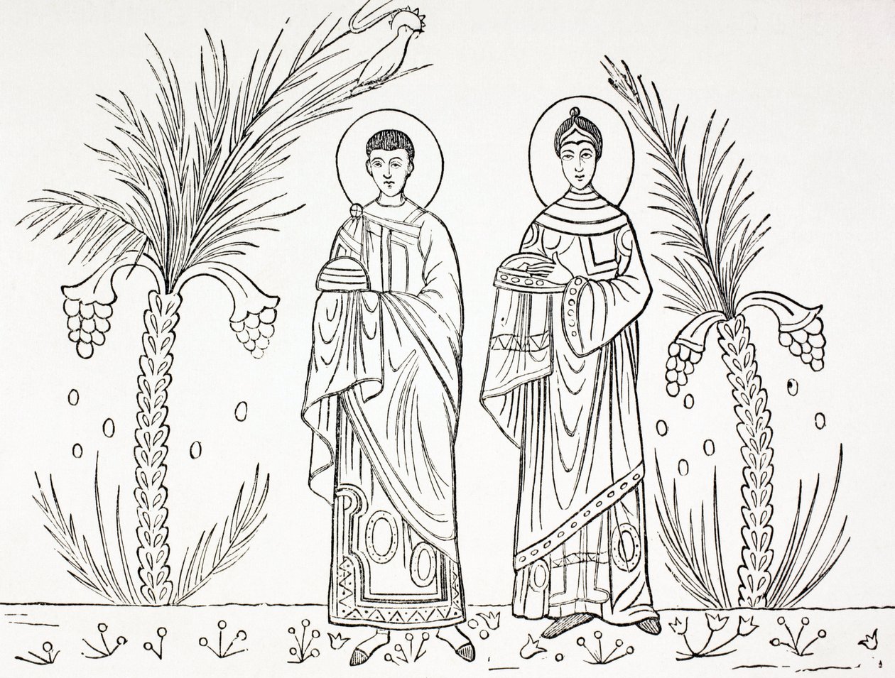Santa Cecília e seu marido Valeriano. Segundo um mosaico do século III ou IV conservado na igreja de Santa Cecília, em Roma. de Paul Lacroix