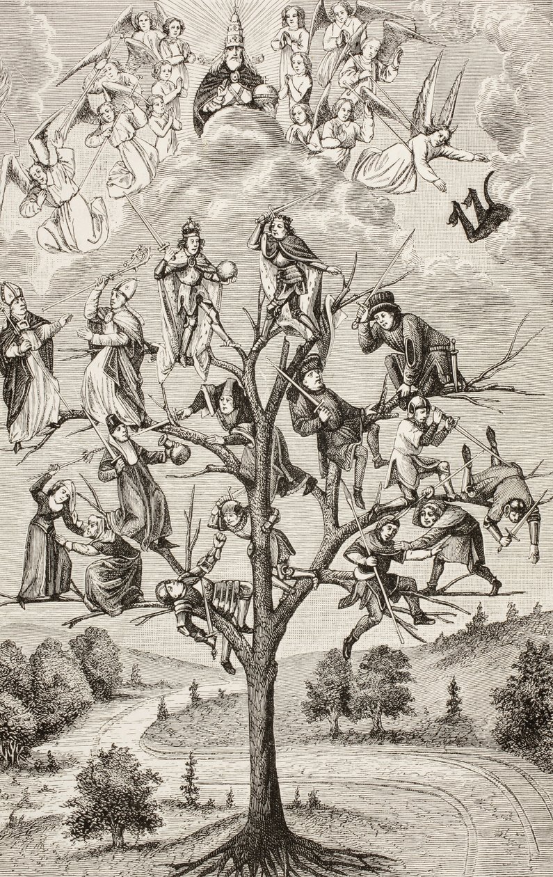 A árvore das batalhas. Figuras alegóricas que representam a discórdia existente entre as classes sociais. Segundo um manuscrito do século XV. de Paul Lacroix