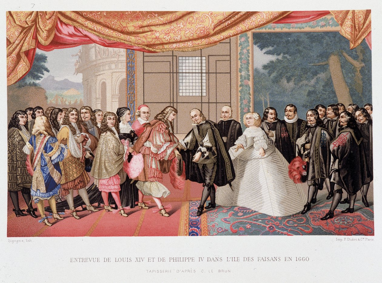 Guerra dos Trinta Anos: "Entrevista do Rei de França Luís XIV (1638-1715) e Filipe IV de Espanha (1605-1665) na ilha de Paisans em 7/11/1659" Espanha concorda em assinar o Tratado dos Pirinéus. A filha de Filipe IV, Marie-Therese (Marie-Therese) de Paul Lacroix
