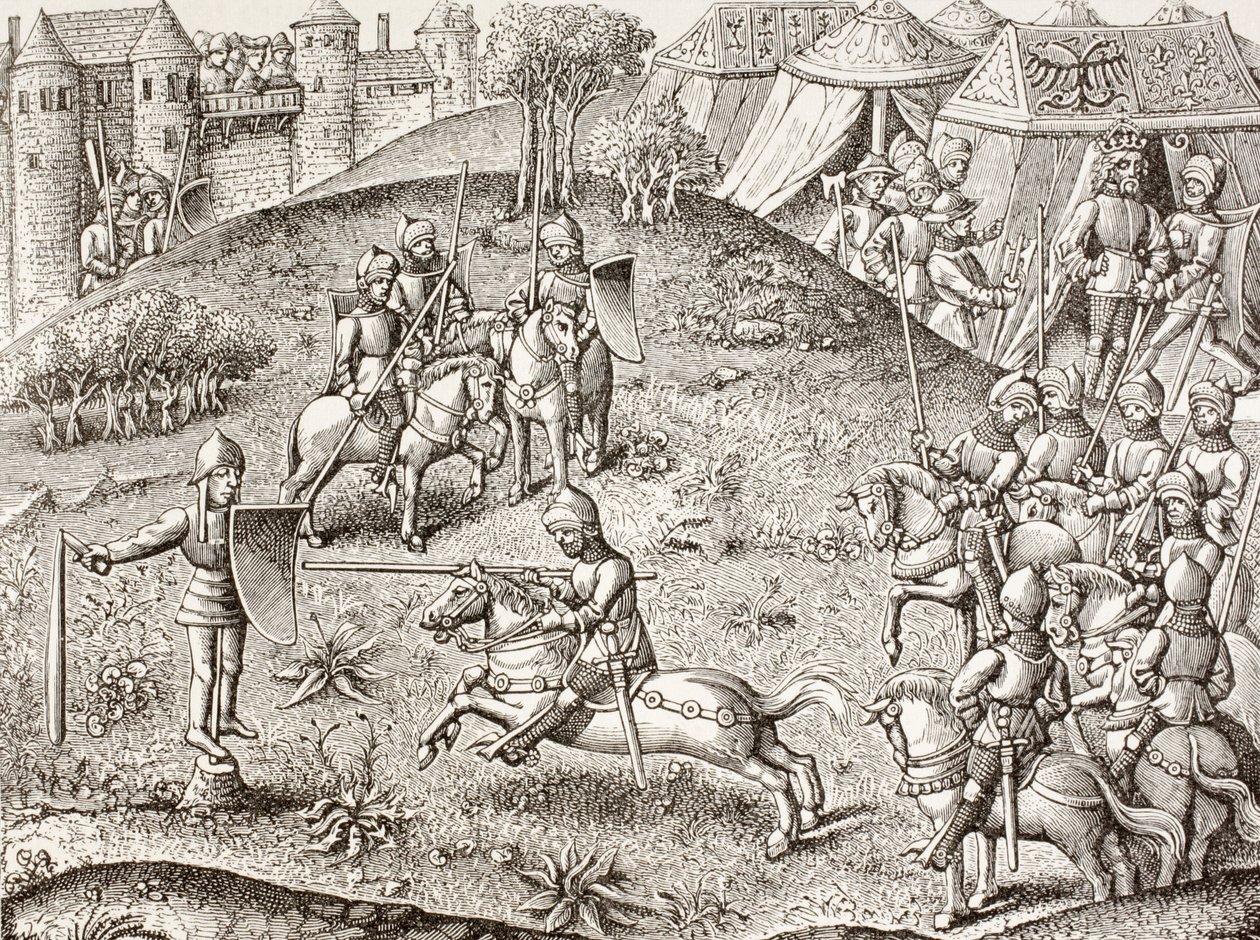 Inclinando-se para um Quintain, a efígie giratória de um cavaleiro. Segundo uma miniatura das Chroniques de Charlemagne do século XV. de Paul Lacroix