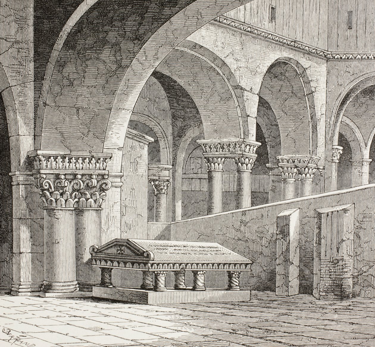 Túmulo de Godofredo de Boullon, C 1060 - 1100, tal como existia na Igreja do Santo Sepulcro, Jerusalém. O túmulo está agora destruído. Segundo um desenho feito no local em 1828. de Paul Lacroix