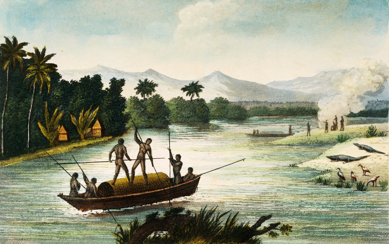 Rio Magdalena, Colômbia, gravura de Paul Legrand de Travels in the Republic of Colombia in the years 1822 and 1823, de Gaspard Theodore Mollien (1796-1872), América do Sul de Paul Legrand