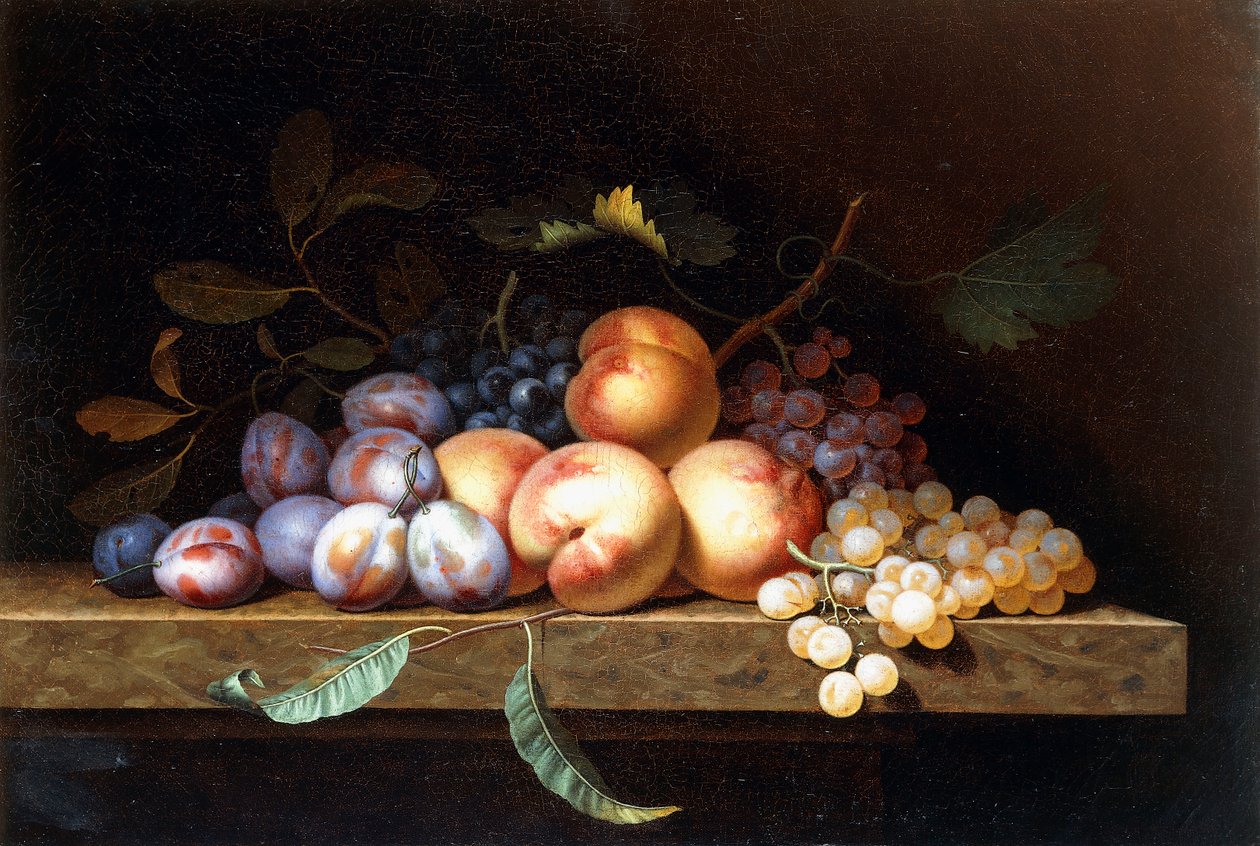 Pêssegos, ameixas e uvas em uma borda de pedra, de Paul Liegeois