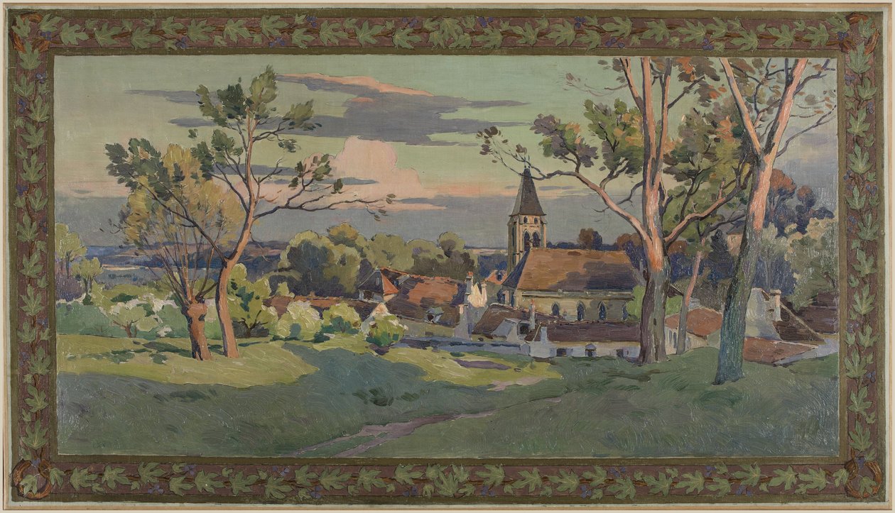 Esboço para a Câmara Municipal de Thiais: aldeia com uma igreja, cerca de 1902 (óleo sobre tela) de Paul Léon Felix (attr. to) Schmitt
