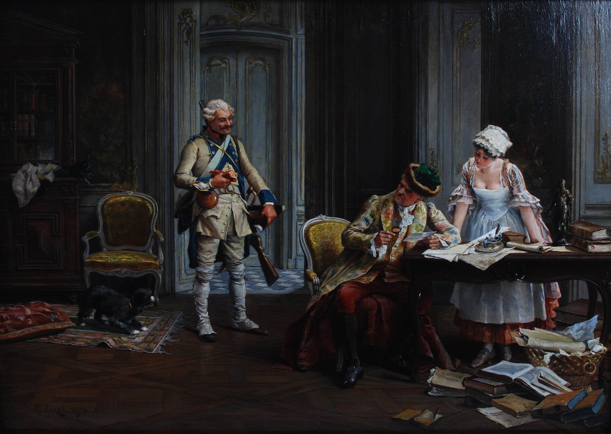 O Bilhete de Aluguer. Óleo sobre painel, assinado e datado P Jazet 1879 de Paul Léon Jazet