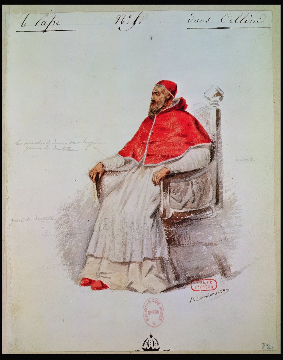 Figurinos para o Papa Clemente VII em &39;Benvenuto Cellini&39; por Hector Berlioz (1803-69) 1838 (lavar no papel) de Paul Lormier