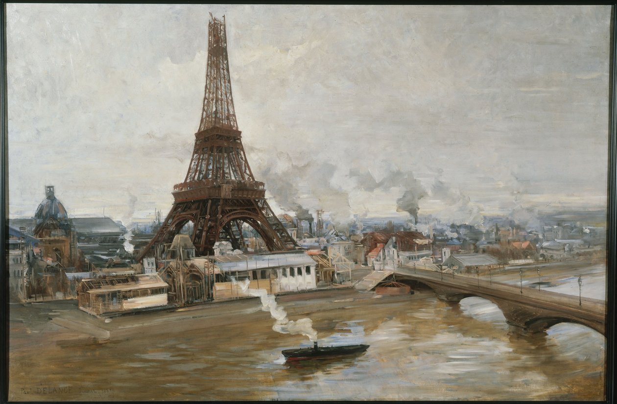 A Torre Eiffel e as obras da Exposição Universal de janeiro de 1889, em 1-1889 (óleo sobre tela) de Paul Louis Delance