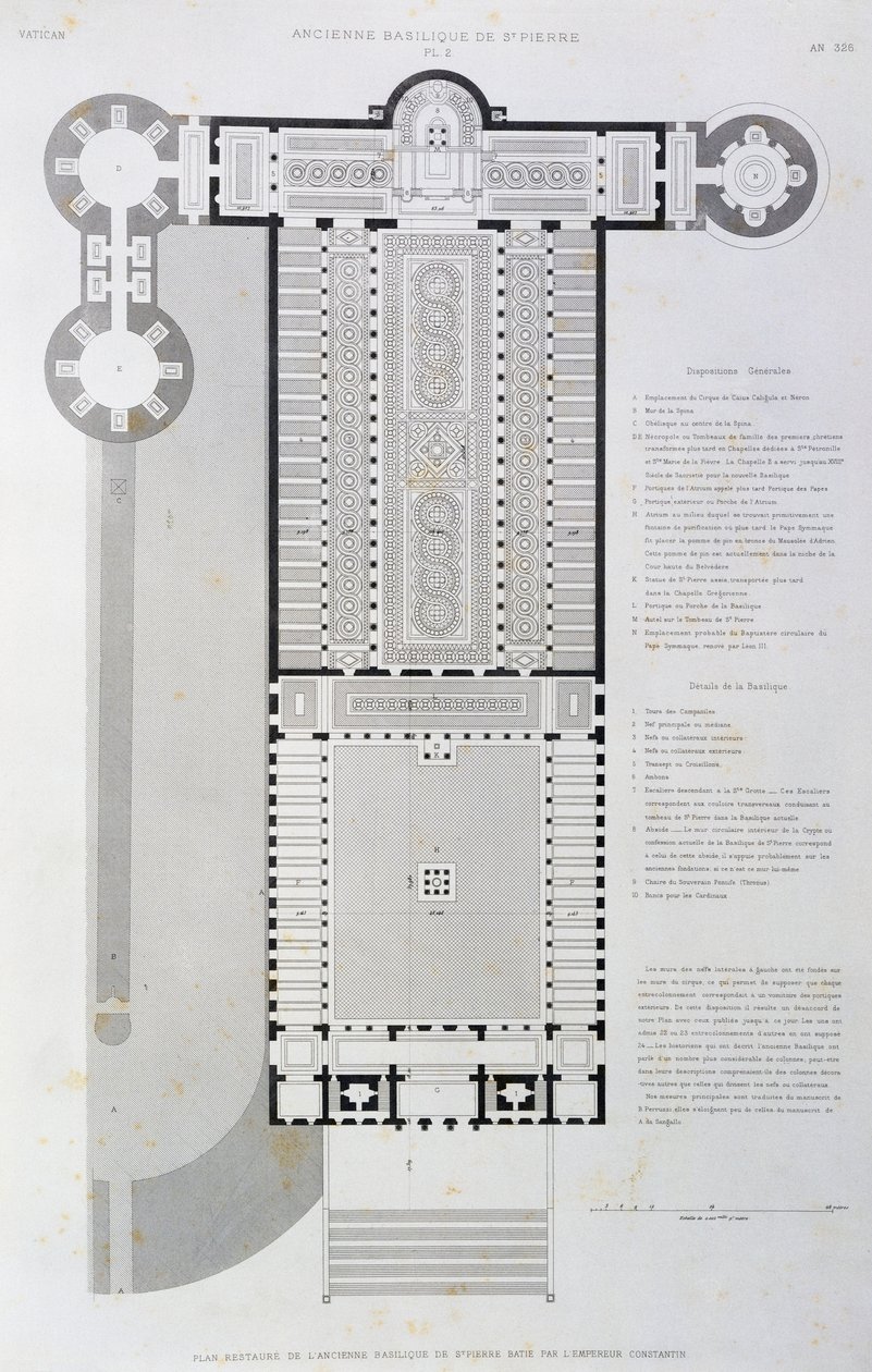 Restaurada a planta da antiga Basílica construída pelo Imperador Constantino, gravada a partir do Vaticano e da Basílica de São Pedro. de Paul Marie Letarouilly